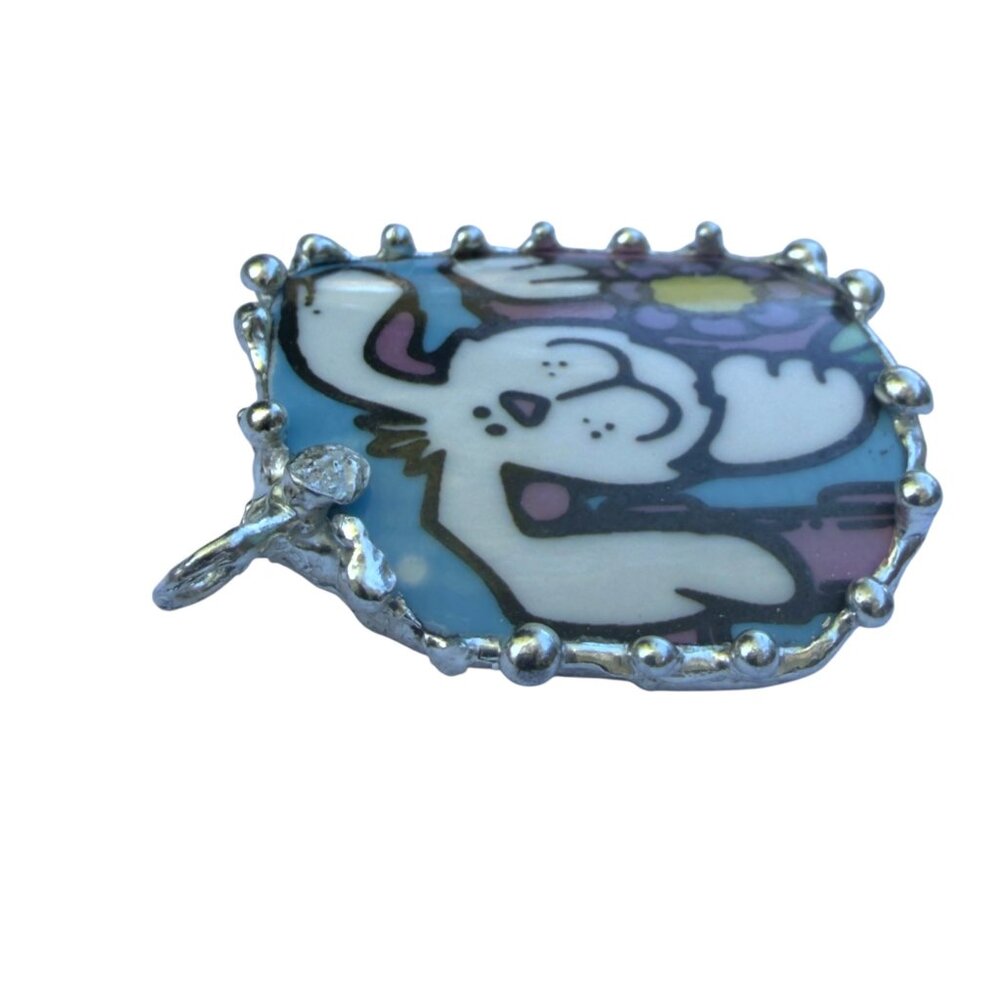 Handmade Easter Bunny Pendant With Silver-Blend Frame Made From Vintage Royal No - Picture 8 of 15